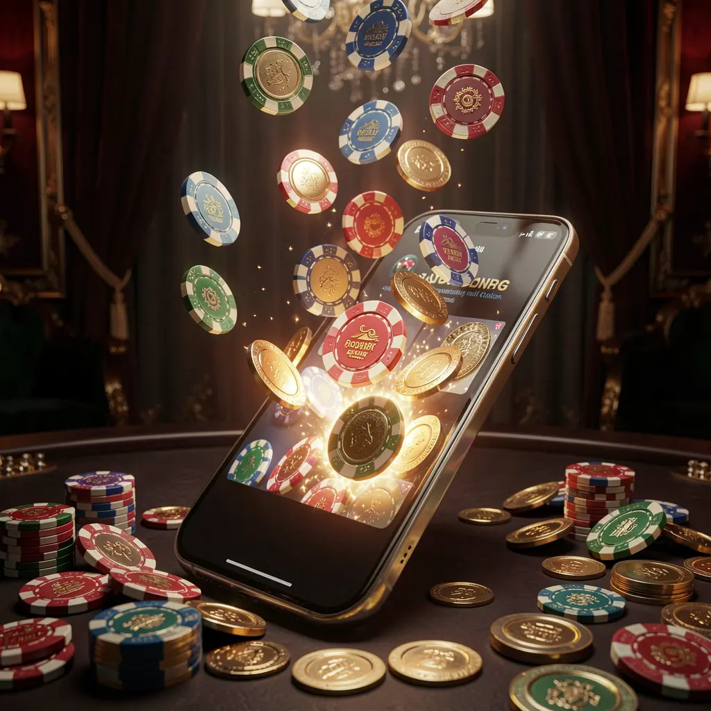MM98 online gaming app displayed on a smartphone screen with glowing casino chips and coins emerging, set against a luxury dark background with cinematic lighting in a high detail 3D render