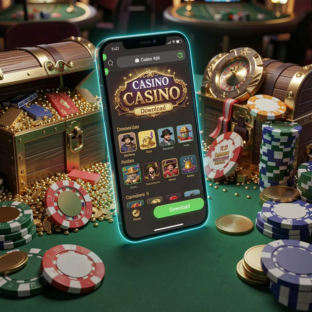 Glowing smartphone displaying MM98 Casino APK with Android-style mobile app layout, surrounded by treasure chest, chips, and coins in a luxury 3D render