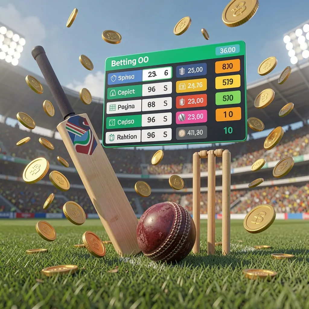 Realistic 3D illustration of a cricket bat, cricket ball, and wickets on stadium grass with floating betting odds interface and golden coins flying, representing MM98 sports betting page in Malaysia Realistic 3D illustration of a cricket bat, cricket ball, and wickets on stadium grass with floating betting odds interface and golden coins flying, representing MM98 sports betting page in Malaysia