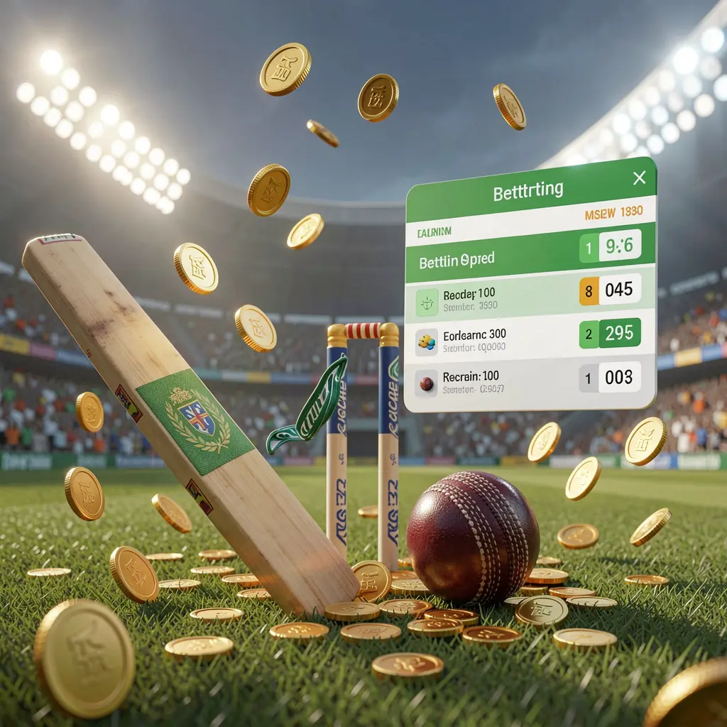 Realistic 3D illustration of a cricket bat, cricket ball, and wickets on stadium grass with floating betting odds interface and golden coins flying, representing MM98 sports betting page Realistic 3D illustration of a cricket bat, cricket ball, and wickets on stadium grass with floating betting odds interface and golden coins flying, representing MM98 sports betting page