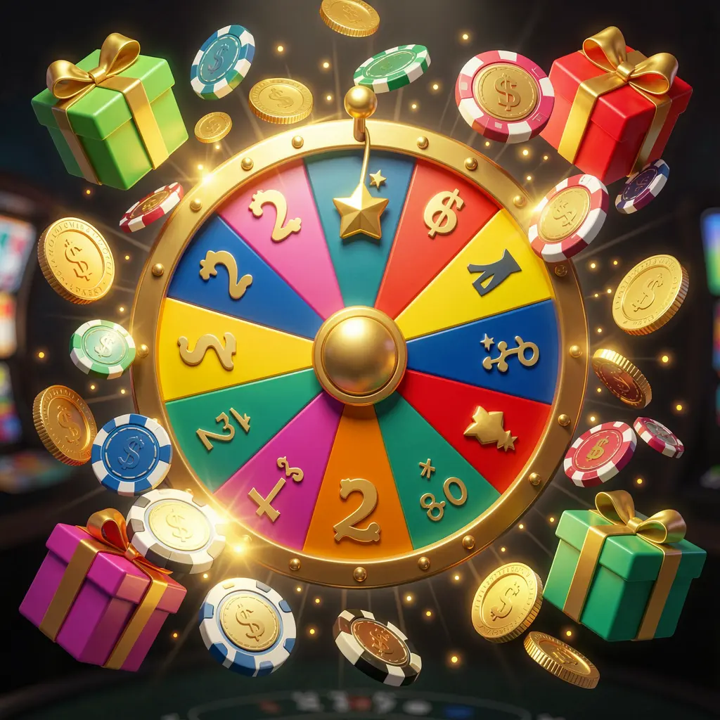 MM98 online casino bonus wheel with colorful prize wheel surrounded by golden coins, chips, and gift boxes, glowing casino lights creating an exciting jackpot atmosphere on a dark background MM98 online casino bonus wheel with colorful prize wheel surrounded by golden coins, chips, and gift boxes, glowing casino lights creating an exciting jackpot atmosphere on a dark background