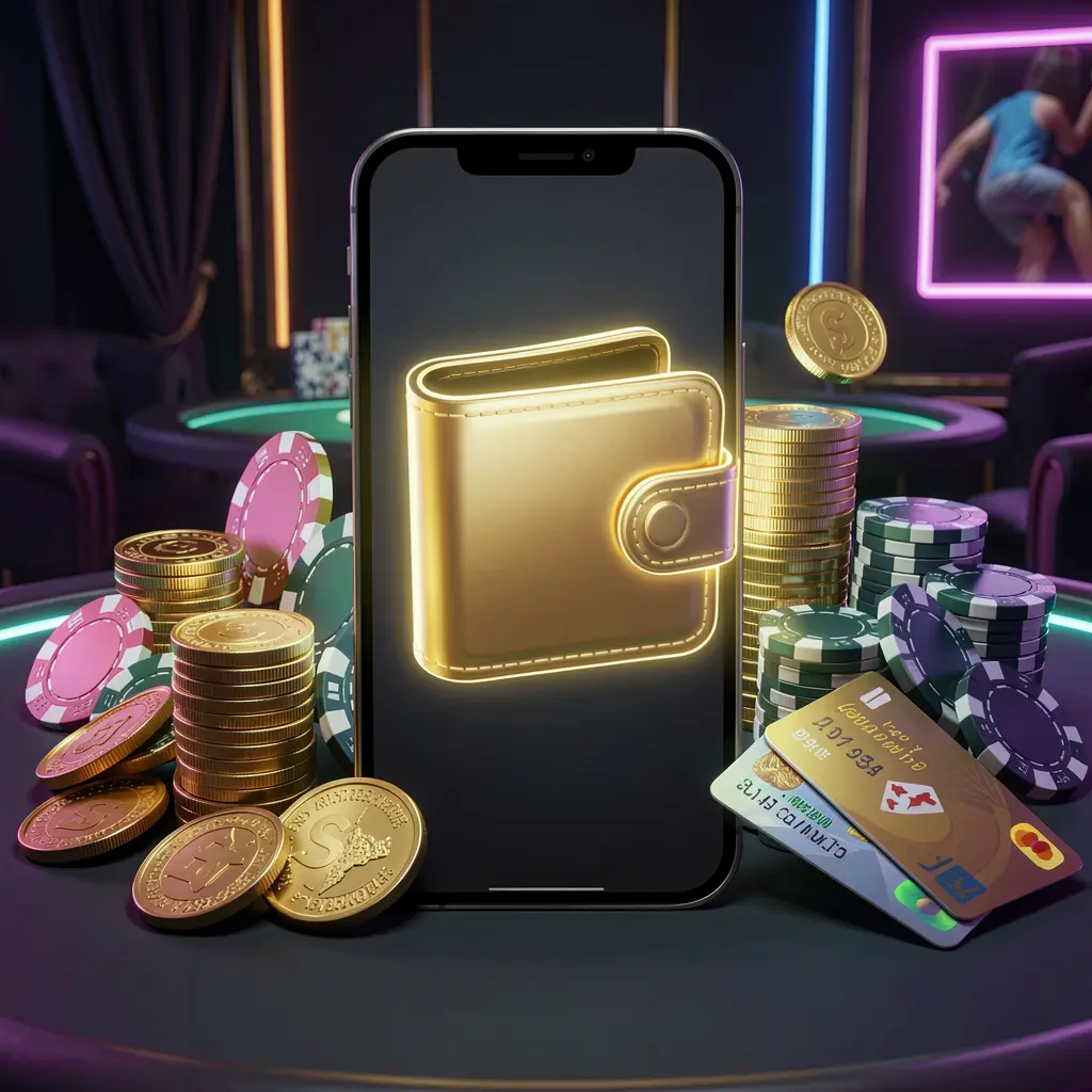 MM98 online casino deposit bonus concept with a smartphone screen displaying a glowing wallet icon, surrounded by stacks of golden coins, poker chips, and bank cards on a dark luxury background with neon highlights in a realistic 3D style MM98 online casino deposit bonus concept with a smartphone screen displaying a glowing wallet icon, surrounded by stacks of golden coins, poker chips, and bank cards on a dark luxury background with neon highlights in a realistic 3D style