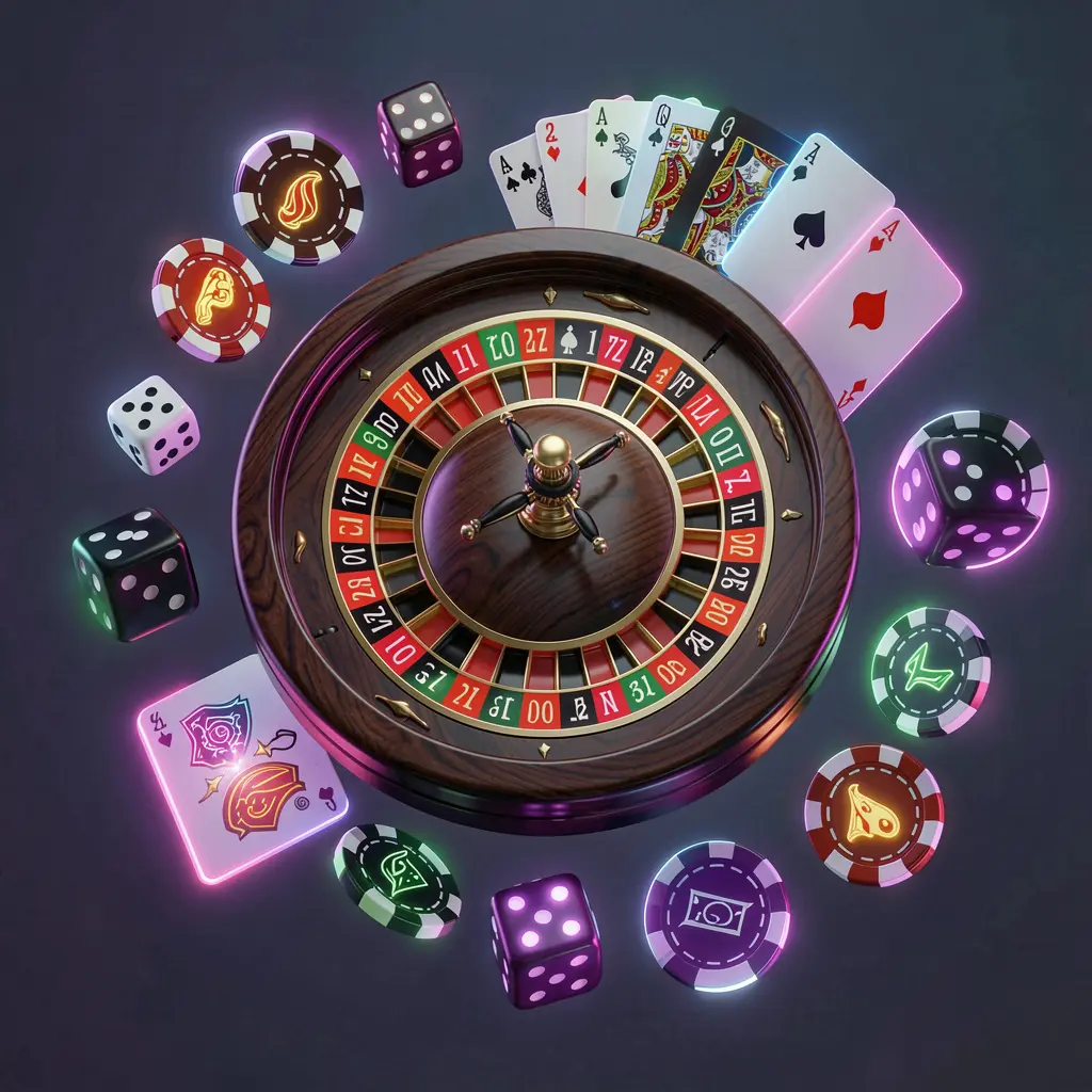 MM98 online casino games collection featuring a neon glowing roulette wheel, blackjack cards, dice, slot symbols, and poker chips floating together in a premium 3D render MM98 online casino games collection featuring a neon glowing roulette wheel, blackjack cards, dice, slot symbols, and poker chips floating together in a premium 3D render