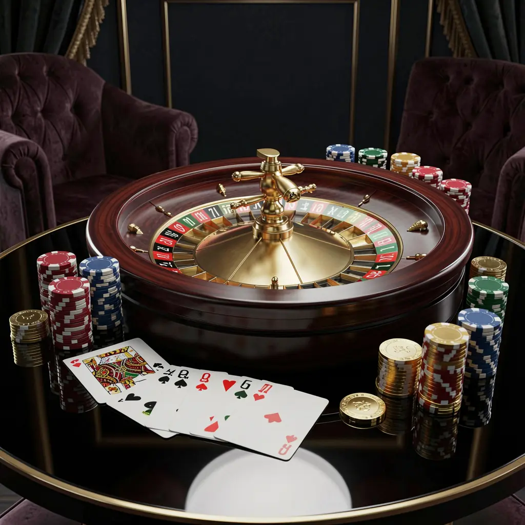 MM98 modern online casino scene featuring a roulette wheel, playing cards, poker chips, and golden coins on a glossy table with a dark luxury background in a realistic 3D illustration MM98 modern online casino scene featuring a roulette wheel, playing cards, poker chips, and golden coins on a glossy table with a dark luxury background in a realistic 3D illustration