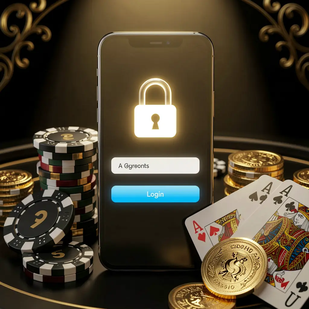 MM98 secure casino account login concept with glowing lock icon on smartphone screen surrounded by poker chips, playing cards, and golden coins on an elegant black and gold background