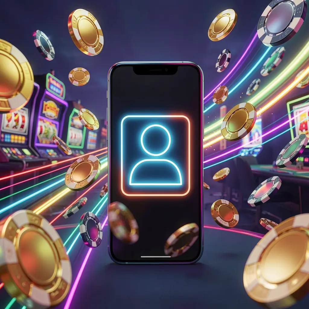 MM98 fast casino login banner featuring a smartphone with a bright user icon, surrounded by speed light trails, golden coins, and chips flying around in a modern neon casino style with high detail 3D render